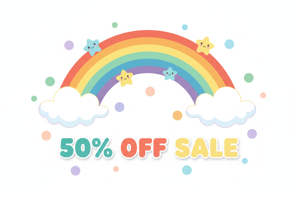 banner image for a kids and baby product brand with white background and colorfull rainbow and 50% off sale 
