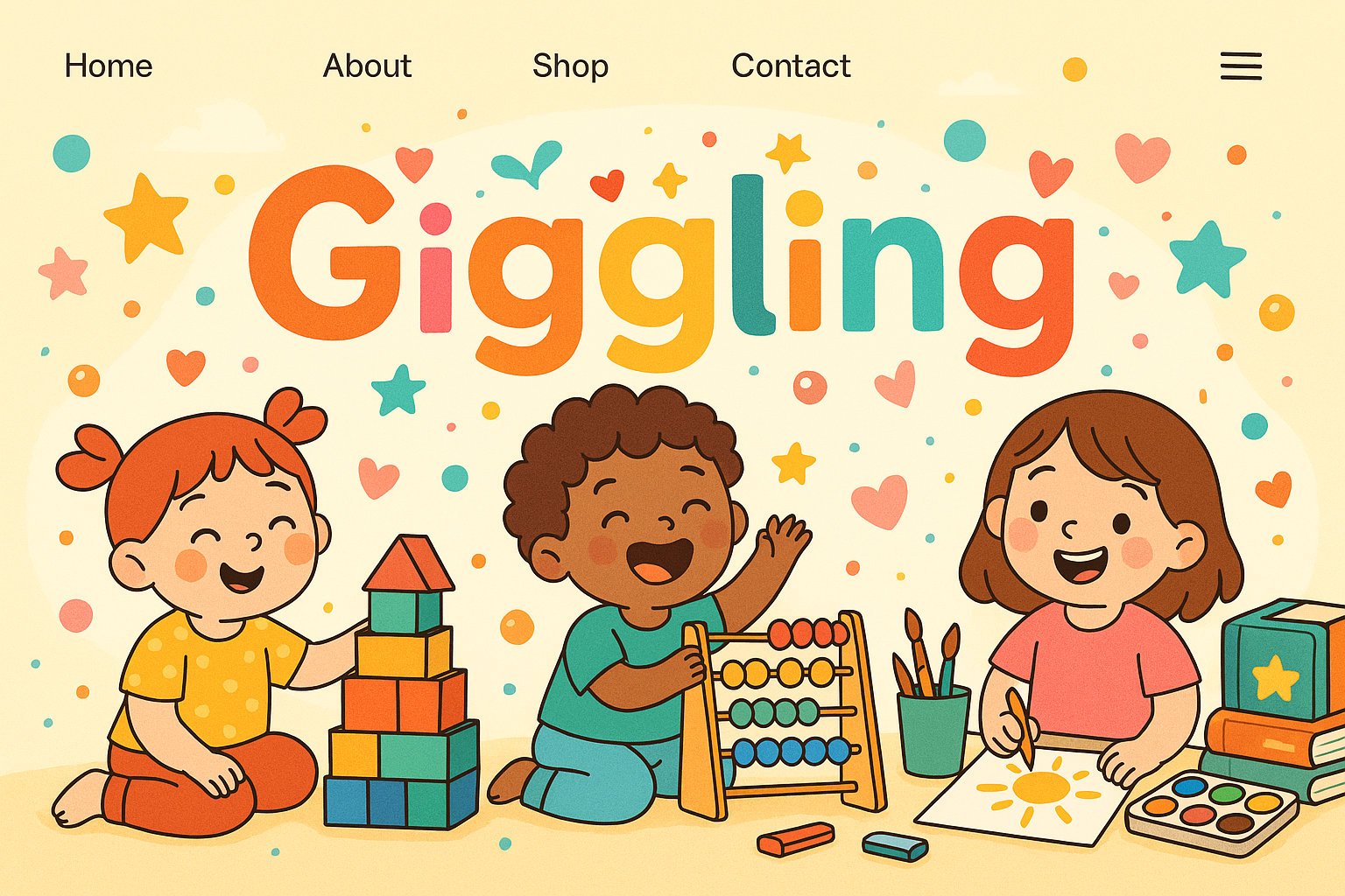 website home page banner for a brand name Giggling, that sell kids realted high quality product